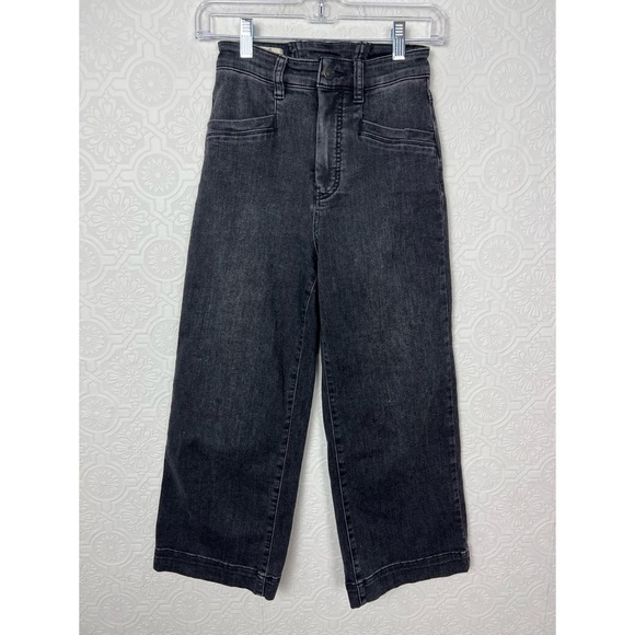 Free People CRVY Black Denim Jeans Wide Leg Cropped Tie Lace Up Waistband - Picture 2 of 10